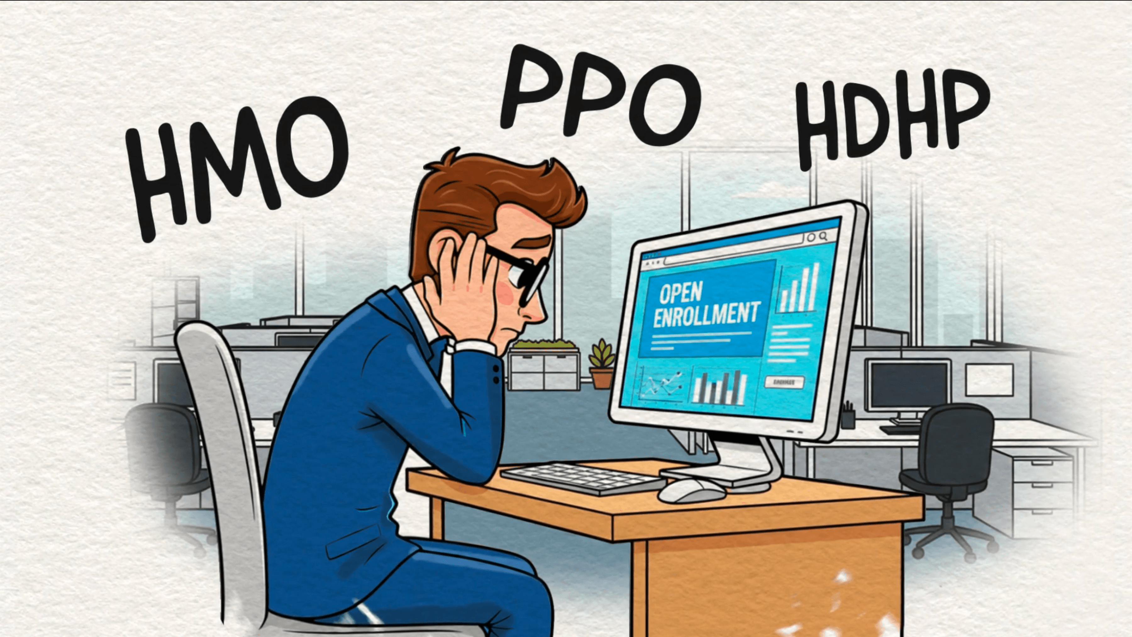 Still: an employee slumped at an open enrollment screen while the words HMO, PPO and HDHP loom overhead